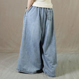 Drawstring Waist Wide Leg Light Blue Denim Palazzo Pants