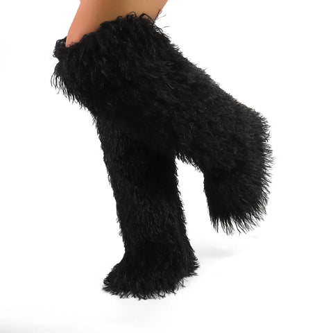 Shaggy Mongolian Fur Women's Knee High Plush Boots