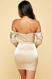 Champagne Off The Shoulder Ruched Mini Bodycon Dress