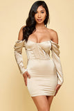 Champagne Off The Shoulder Ruched Mini Bodycon Dress