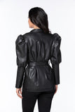 Black Pleather Puff Shoulder Belted Trench Jacket Dress