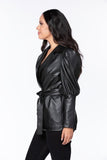 Black Pleather Puff Shoulder Belted Trench Jacket Dress