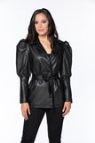Black Pleather Puff Shoulder Belted Trench Jacket Dress