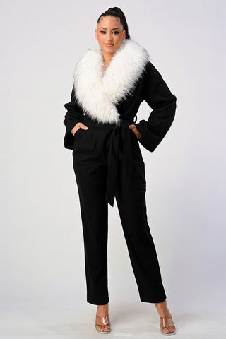 Vee Fur Collar Jumpsuit